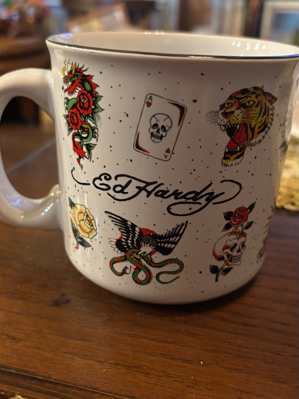 Ed Hardy White Ceramic Tattoo-Print Mug with Red, Yellow & Green Accents